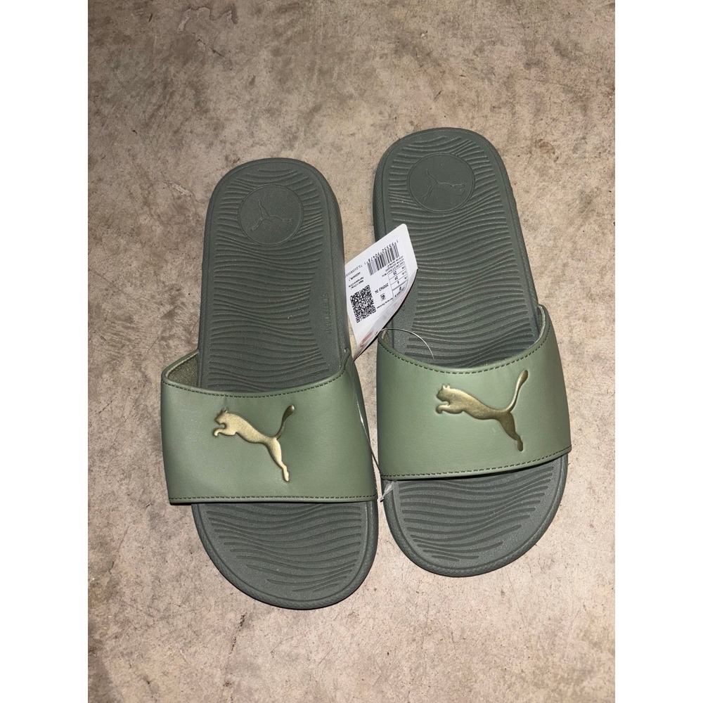 Puma Cool Cat Women's Slides Sandals Green Gold Logo Size 8 NEW - Picture 2 of 3